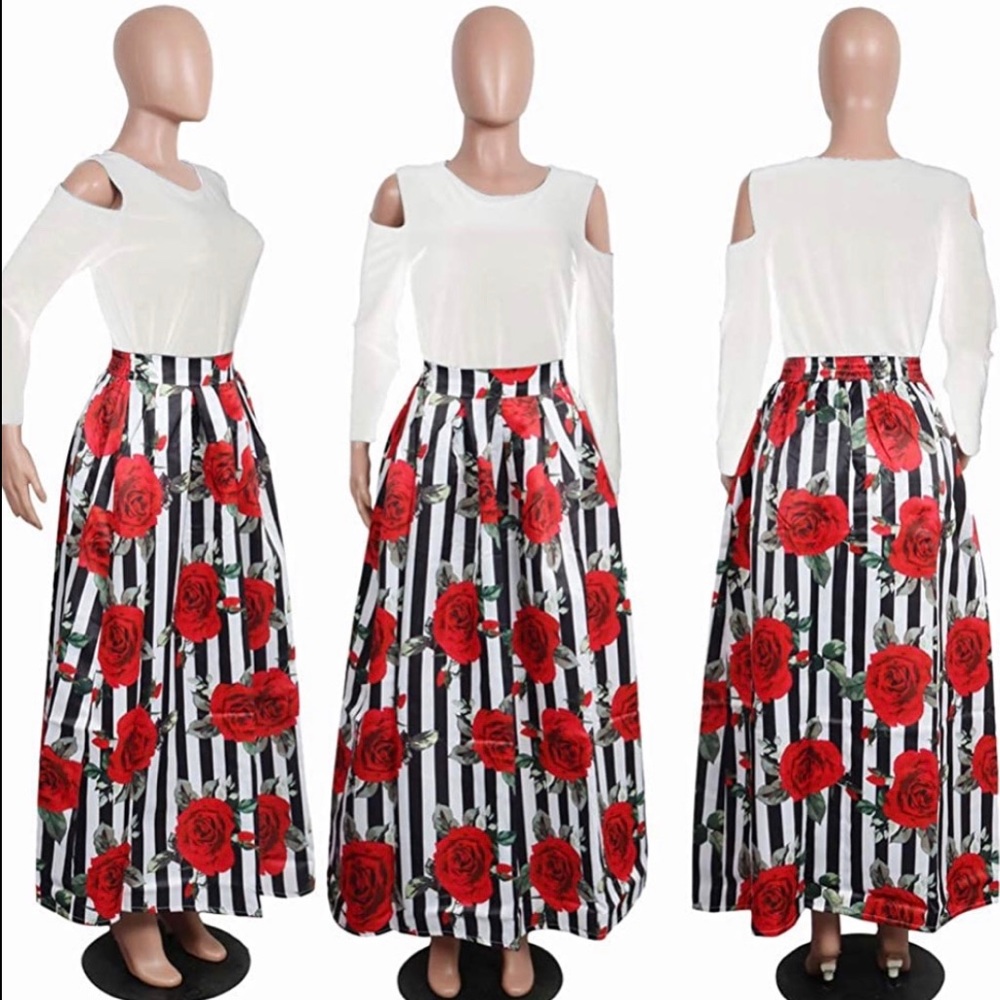 A black and white striped floral skirt